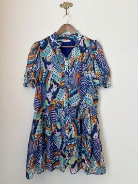 Anna Rae Tulum Geometric Print Puff Sleeve Mini Dress Small Spring